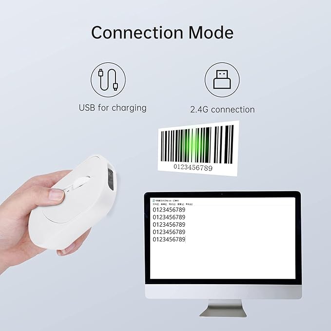 New Wireless Mouse Barcode Scanner, 2-in-1 Design 2D Handheld Barcode Scanner with Wireless Mouse Functions for POS System,Store,Supermarket, Warehouse.(White)