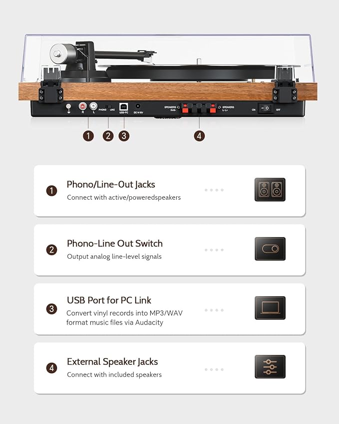 1 by ONE Bluetooth Turntable HiFi System with 36 Watt Bookshelf Speakers, Patend Designed Vinyl Record Player with Magnetic Cartridge, Bluetooth Playback and Auto Off