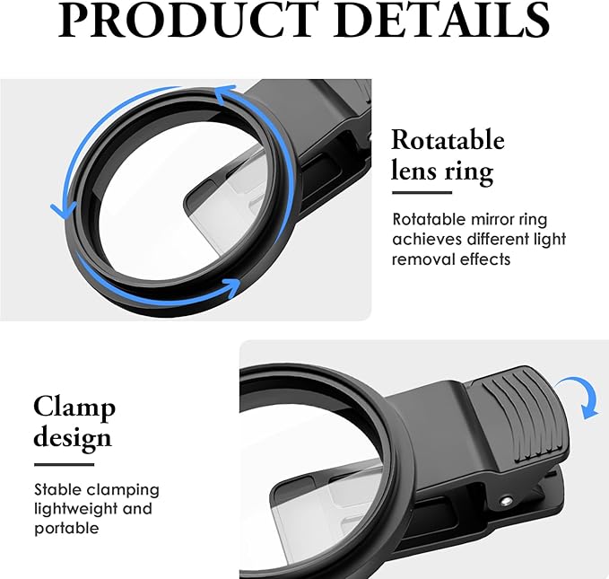 Clip - on Phone Polarizer Lens, Anti - Glare Polarizing Filter for Smartphone Cameras, Universal Clip Design with Cleaning Kit, Enhance Color & Reduce Reflections for Outdoor/Glass Photography