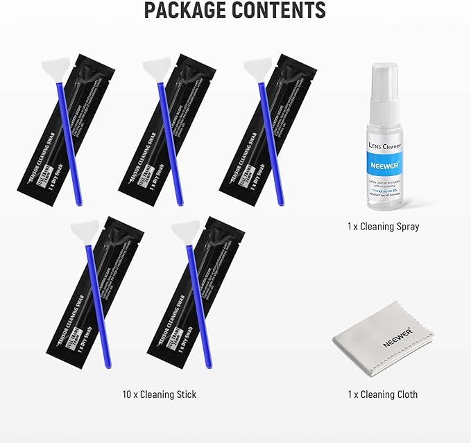 NEEWER 12 in 1 Camera Lens Cleaning Kit for DSLR Cameras, Electronics, Smartphones, Tablets, 10x Cleaning Swab for 24mm Full Frame Sensor + 1x Cleaner Spray + 1x Cloth, HM-46