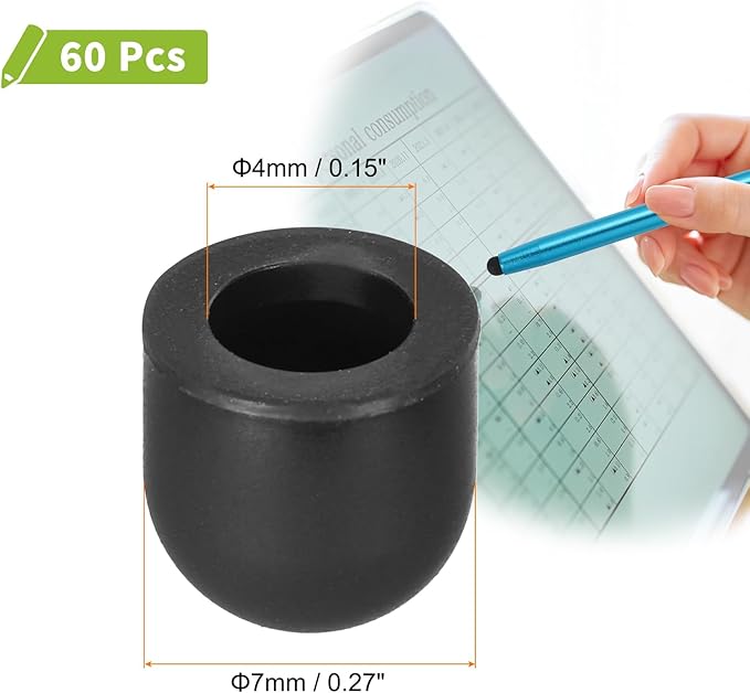 MECCANIXITY 60Pcs Replacement Stylus Pen Tips 7mm Conductive Capacitive Touch Screen Pens Tips Silicone Rubber, Black