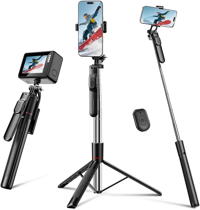 Takerers 67" Cell Phone Tripod Stand & Selfie Stick with Wireless Remote, All in One Multifunctional Selfie Stick Tripod for iPhone Android Action Camera GoPro Insta360 DJI OSMO Pocket 3 Accessories