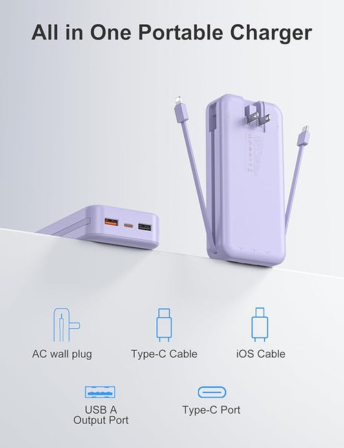 20000mAh Ultra Portable Charger Power Bank with inBuilt Cables&AC Wall Plug