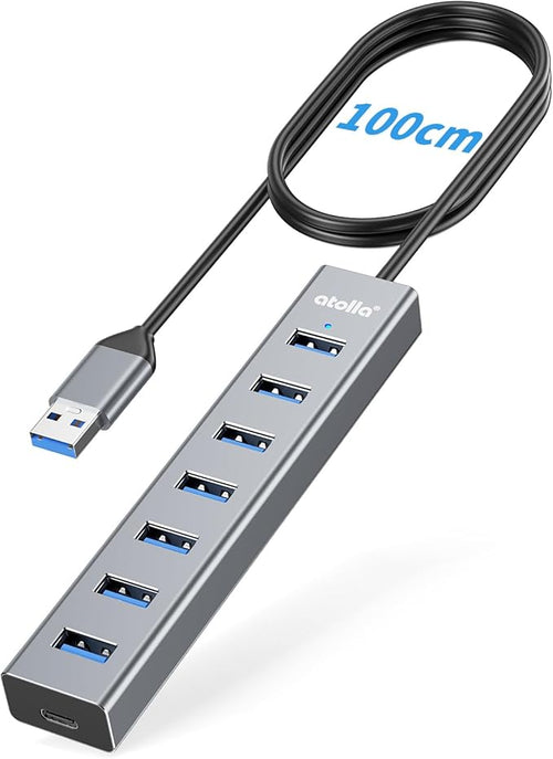 atolla Aluminum 7-Port USB 3.0 Hub with 1m Extension Cable - 5Gbps High-Speed Data Transfer for MacBook Pro, Laptop, PC, Gaming Setup