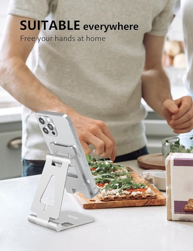 Cell Phone Stand for Desk, Adjustable Desktop Phone Holder Stand, Foldable Moblie Phone Dock for iPhone 15 14 13 12 11 Pro Xs Max Xr X 8 7 6 5 5s SE Nintendo Switch All Phones, Silver