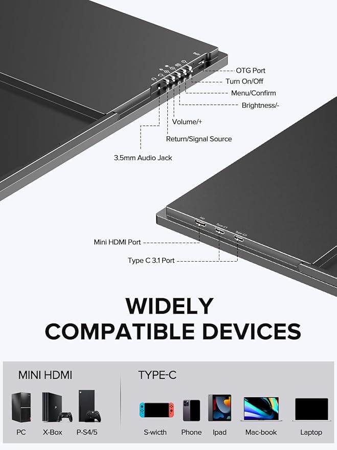 UPERFECT 24.5" Portable Monitor 240Hz Gaming Monitor 1200:1 Contrast FreeSync 1ms Fast IPS Large Screen, Built-in 180° Adjustable Stand/VESA, USB-C HDMI Second Screen for Laptop, Phone, Game Console