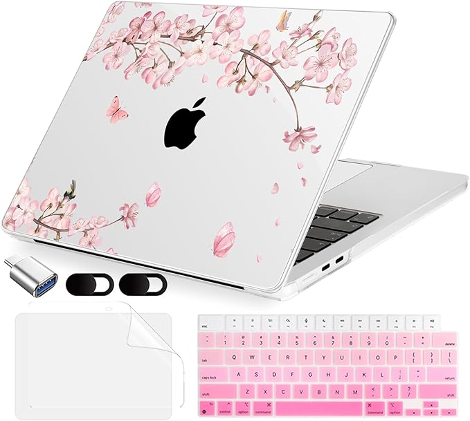 Compatible with MacBook Air 13.6 inch Case, M4 A3240/M3 A3113/M2 A2681 (Released 2025 to 2022), Hard Shell, Keyboard Cover, Screen Protector, Webcam Cover & Type-C Adapter, Butterflies Sakura