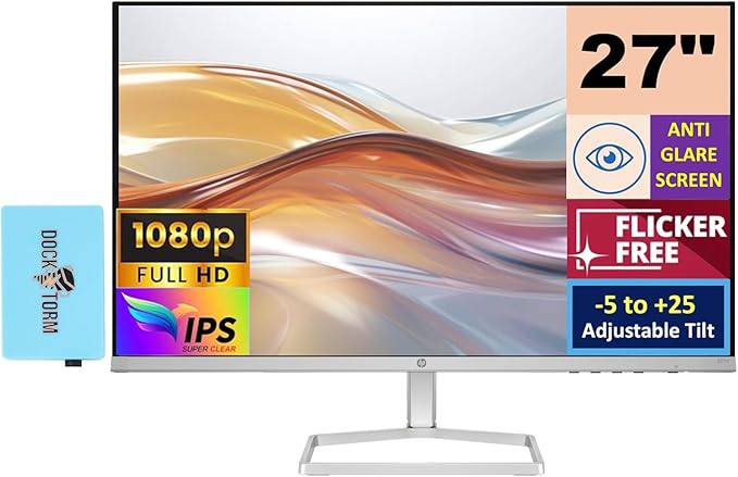 HP Series 5 527sf Monitor (Replaces Model M27h) 94F44AA#ABA w/Docztorm Dock, 27" FHD IPS (1920x1080) Display, 2x HDMI, 1x VGA, Flicker-free, Ideal for Home & Business, Black/Silver (2024 Latest Model)
