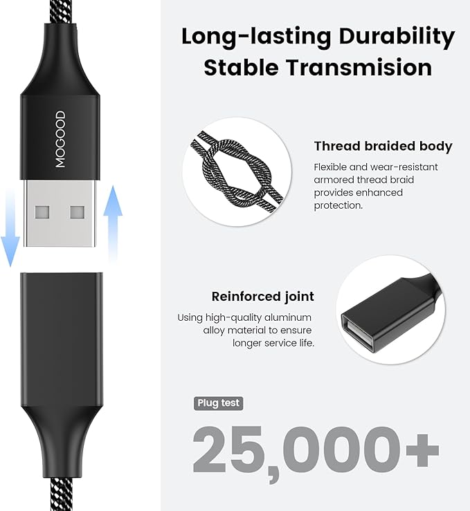 MOGOOD USB Extension Cable, 6.6ft USB A Male to 2 Female, Durable Nylon Braided, Supports Data Transfer & Charging, Compatible with Printer, Laptop, Flash Drive, Hard Drive, PlayStation
