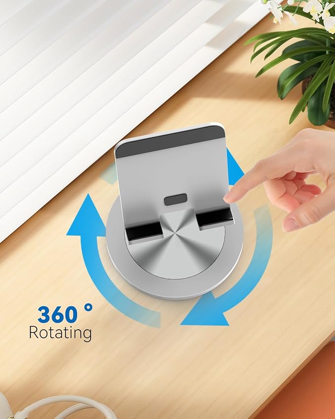 360 Rotating Phone Stand for Desk, Dual-Adjustable Foldable Aluminum Desktop Phone Holder Compatible with iPhone 16 15 14 13 12 11 Series, iPad-Mini, 4-8" All Phones (Silver)