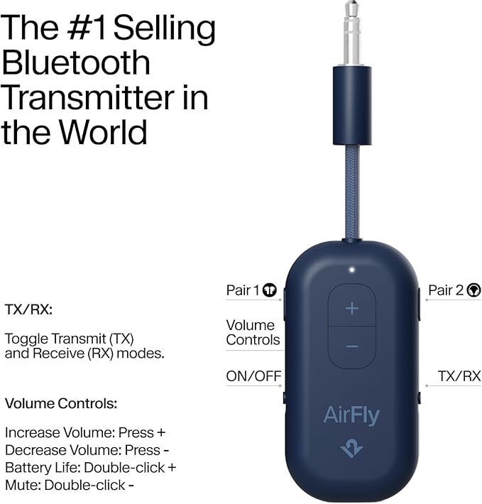 Twelve South AirFly Pro 2 Bluetooth 5.0 Transmitter/Receiver for TV/Airplane to 2 Wireless Headphones – Wireless Adapter for AirPods, Airplane, Car, Gym, Home, Use with Any 3.5 mm Audio Jack, Blue