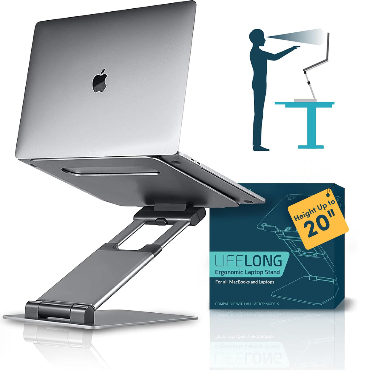 Lifelong 360° Rotating Adjustable Laptop Stand, Foldable Riser, Silver