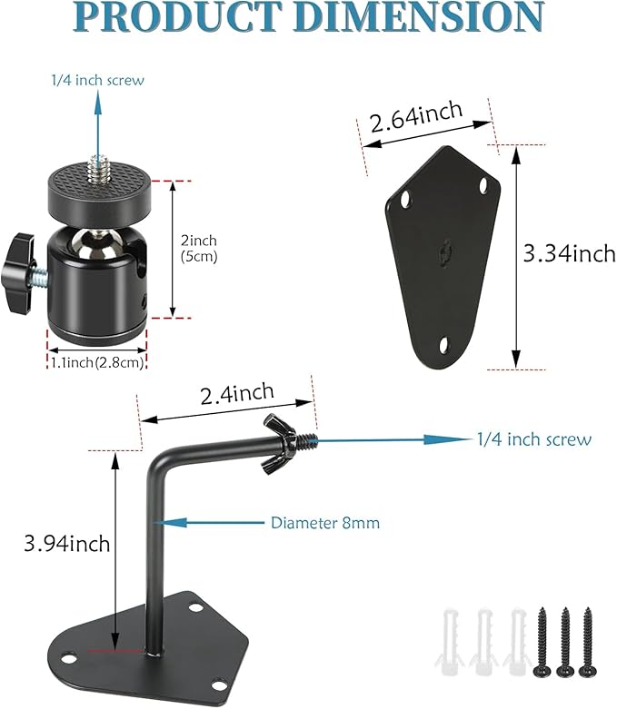 4-Pcs Camera Wall Mount Bracket, 360 Camera Mount with 1/4 Inch Thread, Metal Security Camera Mount, Camera Holder for Surveillance Cameras, Solar Panels, Lights