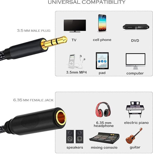 1/4 to 3.5mm Adapter, TRS 6.35mm Female to 3.5mm Male Headphone Adapter, 1/4" Female to 1/8" Male Stereo Audio Cable Adapter for Headphones, Amplifiers, Guitar, Amp - 1 ft