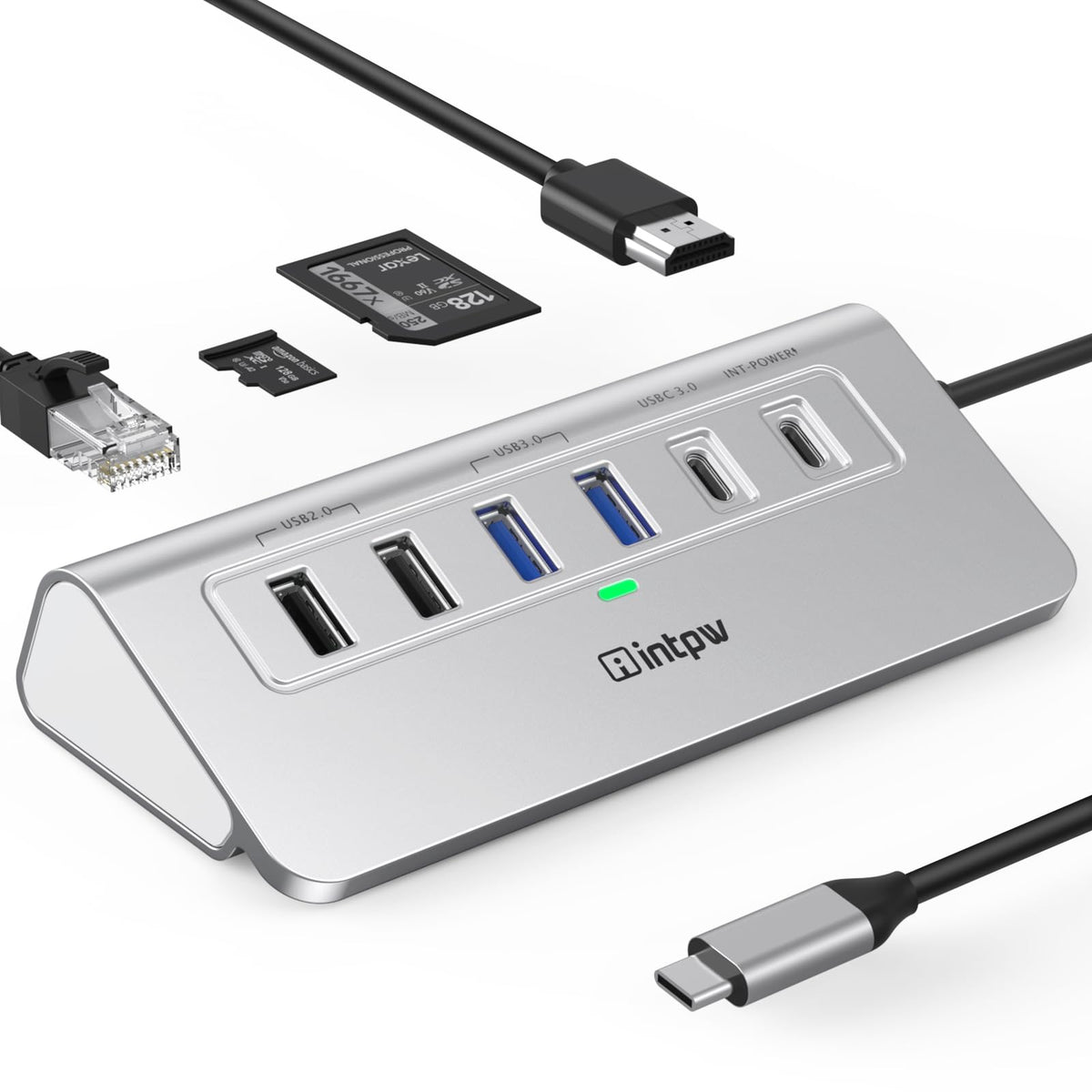 USB C Hub, intpw 9-in-1 USB Multiport Adapter with 4K HDMI, PD 100W, USB-C and 2 USB A 3.0 5Gbps, 2 USB A 2.0, SD/TF Slots for MacBook Pro/Air, iPad Pro, iPhone 15/16 Series