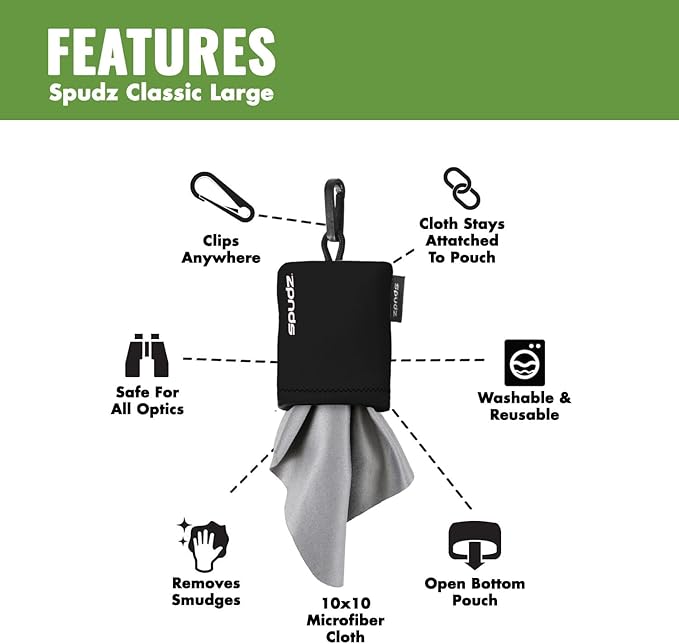 SPUDZ Classic Microfiber Lens Cleaner – Clip-On Pouch, Washable – for Binoculars, Scopes, Glasses, Screens | Alpine Mountain Camo, 6 x 6 Inch (2-Pack)