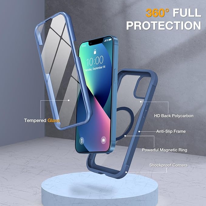 Miracase Magnetic Case for iPhone 13 Mini 5.4 Inch,with MagSafe,Built in Screen Protector,Full Body Protection(Dark Blue)