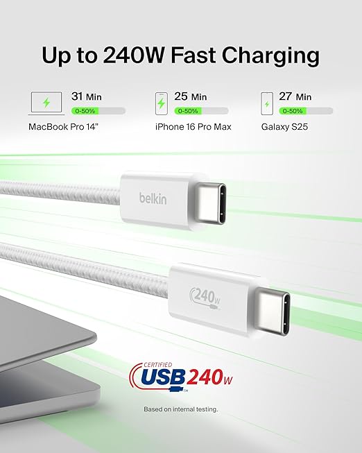 Belkin USB C to USB C Cable, 6.6ft, 240W - Type C Charger, iPhone Charger Cord, Soft, Braided, Flexible for iPhone 17, Galaxy S25, Pixel 10, MacBook, Chromebook, iPad Pro, Switch Steam Deck – White