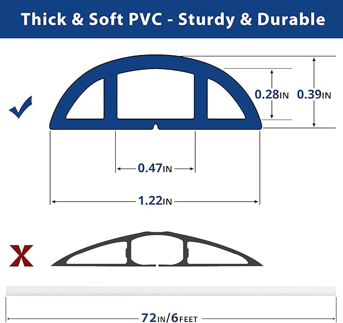 Cord Cover Floor 6ft White, PVC Floor Cable Cover, Cord Hider Floor Cord Protector Prevent Cable Trips & Protect Wires, Floor Cable Management Hide Cords on Floor, Cord Cavity -W0.47 x H0.28