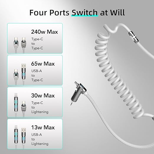 MFish 4-in-1 USB C Charging Cable, 6 Ft Type C to Type C Cable, 240W Fast Charger for iPhone 16/15/14 Pro Plus Pro Max, for iPad MacBook Pro/Air, Laptops - Multi Charger Cord with USB-A