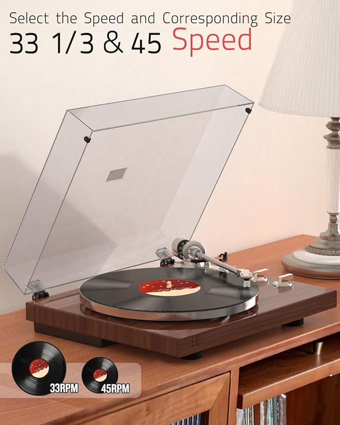Record Player for Vinyls Turntables Wireless Output Connectivity Belt-Drive 33 45 RPM Speed Phono Line USB Digital to PC Recording MM Audio Cartridge Stylus Adjustable Counterweight Vintage Brown