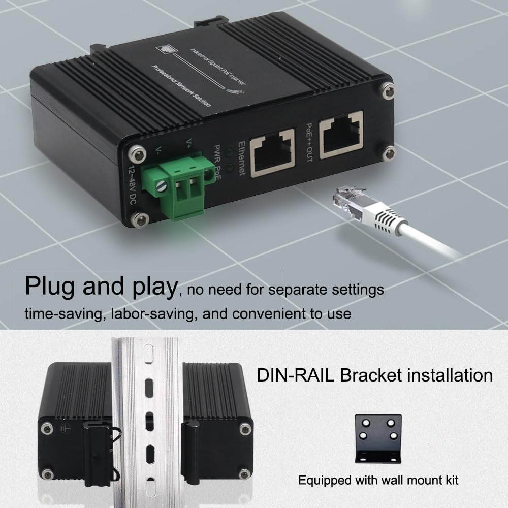 xoxnikior Industrial Gigabit 95W PoE++ Injector, 12-48VDC, DIN-Rail