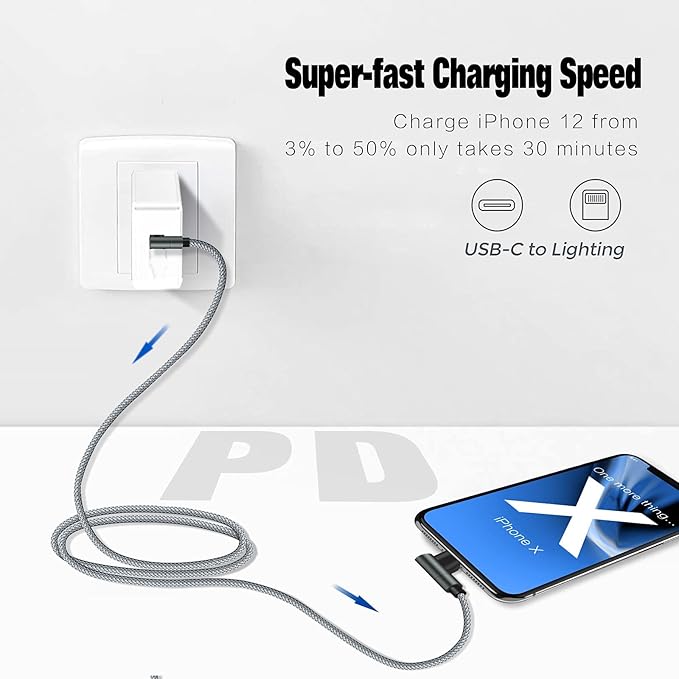 USB C to Lightning Cable 10FT MFi Certified 90 Degree iPhone Fast Charger Nylon Braided Extra Long Charging Cord Compatible with iPhone 14/13/13 Pro Max/13 Mini/12/11/XS/XR/8/iPad 8th
