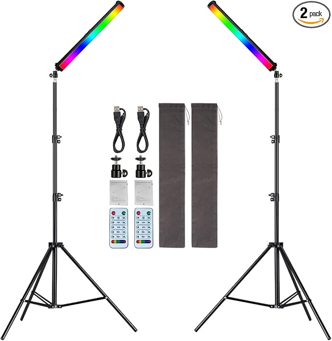 RGB Photography Light Wand Stick, 360° Full Color Portable LED Lighting Wand Handheld 5000mAh Rechargeable Battery & Magnet with 27"-80" Tripod Stand-2 Pack