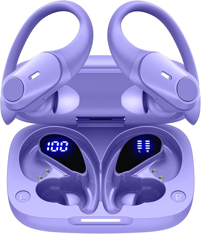 GOLREX Active Noise Cancelling Ear Buds Wireless Earbuds Bluetooth Headphones with 80H Playtime LED Display Wireless Charging Case, Over-Ear Hooks Earbud for Sports Running Gym Workout Purple
