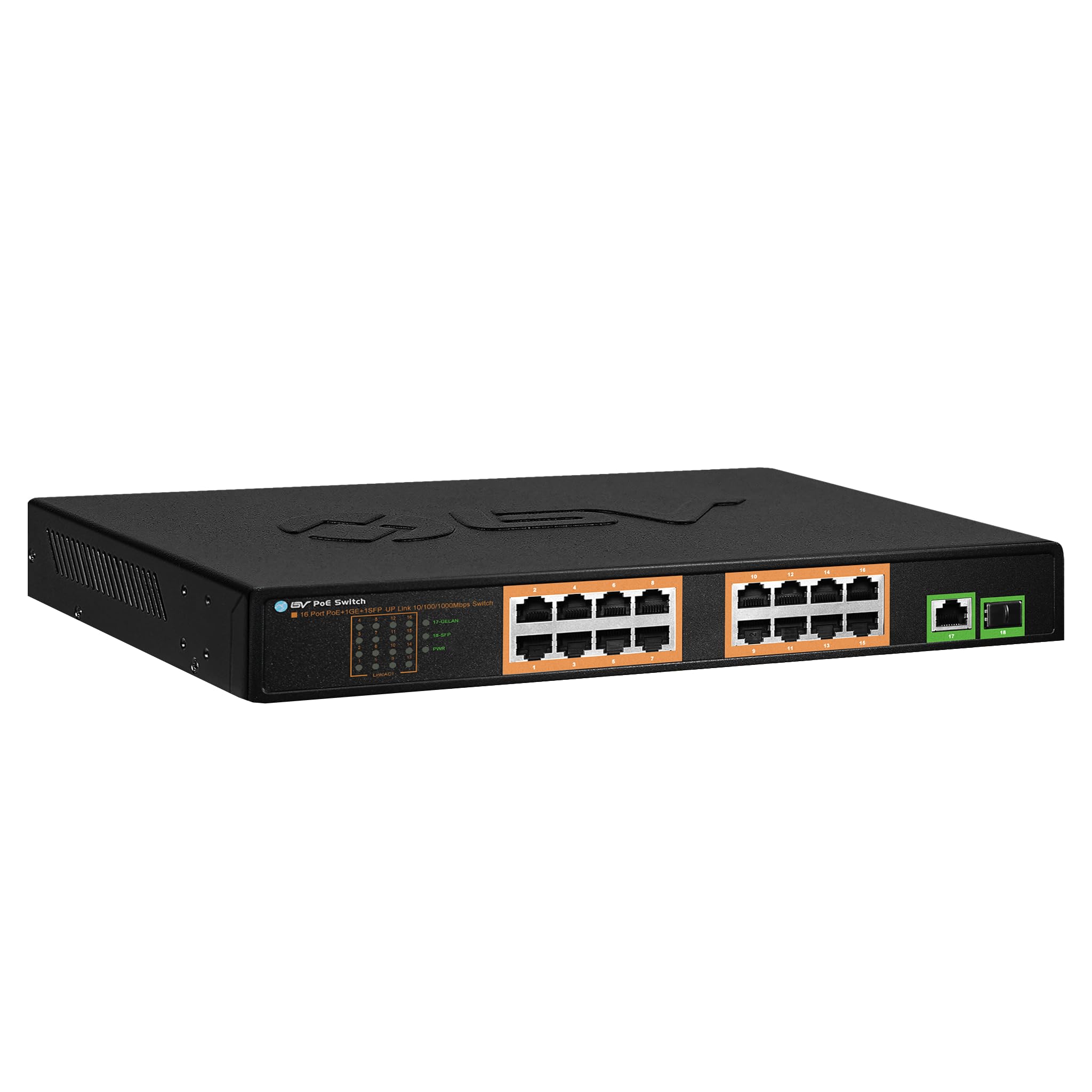 BV-Tech 16-Port PoE+ Switch with 1 Gigabit & 1 SFP Uplink, 120W