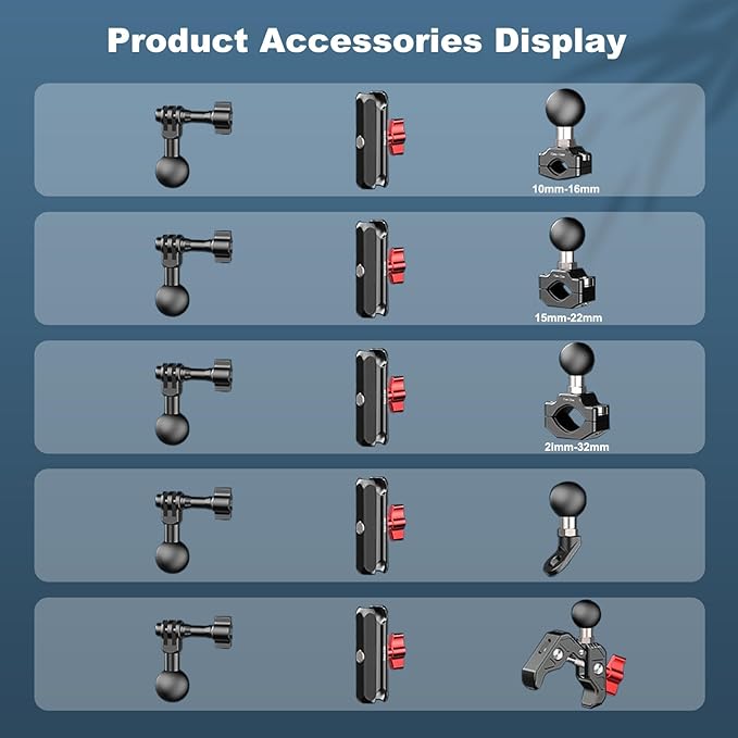 Clamp Mount for Action Camera, Super Camera Clamp Mount with Double Ball Head Magic Arm Fit for DJl,Go pr0, lnsta36o X5 X4 X3，Motorcycle Rearview Mirror Mounts & Aluminum Alloy - 360°Rotating, 78004