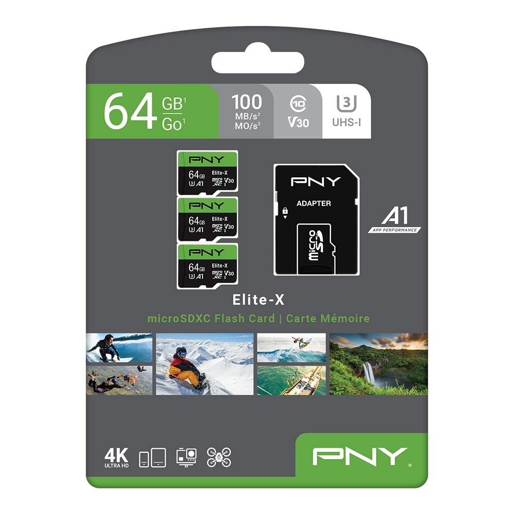 PNY 64GB Elite-X Class 10 U3 V30 A1 microSDXC Flash Memory Card 3-Pack