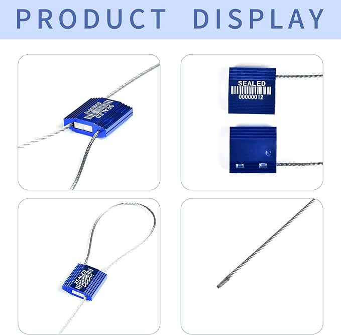 50 Blue High Security Cable Seals With Barcode - Pull Tight Numbered Steel Anti-Tamper Shipping Self-Locking Tags for Logistics - ISO 17712 Certificated