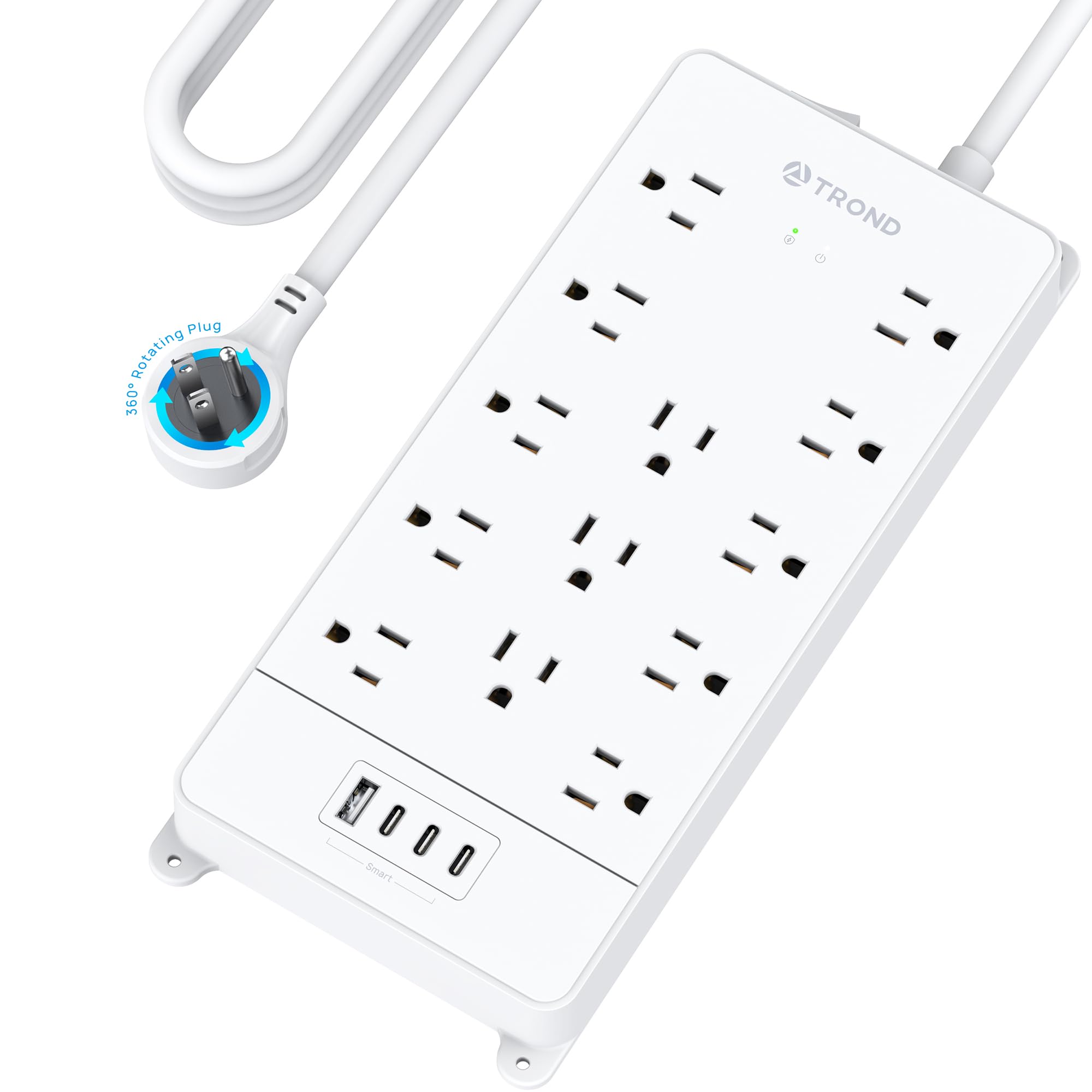 TROND 360° Rotating Surge Protector Power Strip 15ft, ETL Listed, 4000J