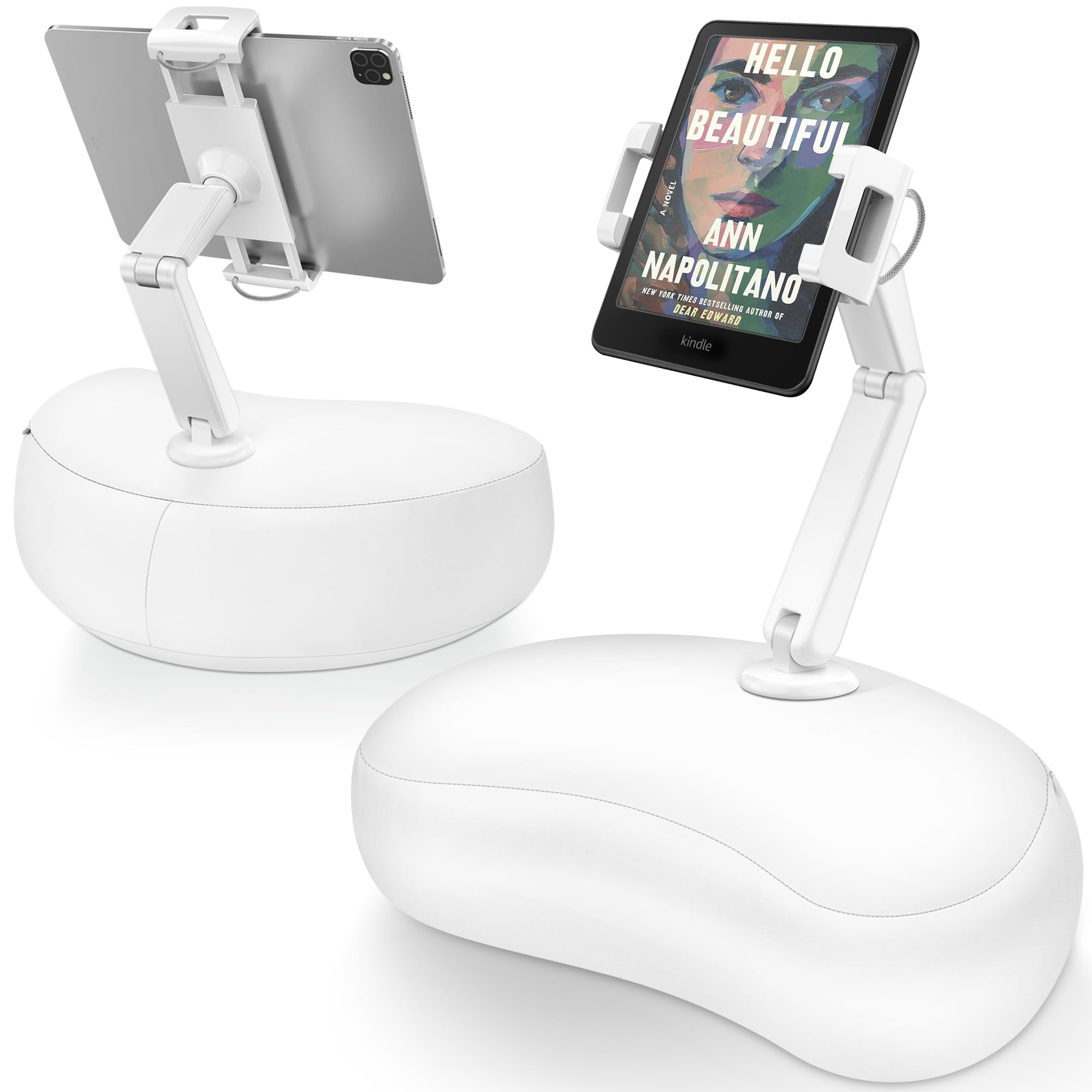 AboveTEK Tablet Pillow Stand for Bed, Hands-Free 360° Adjustable iPad Pillow Holder for Lap Reading w/Soft Bean Bag, Ideal Gift for Mom, Fits 4.7" to 12.9" Tablet, Phone, Kindle, White