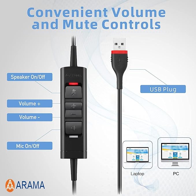 Arama USB Headset with Microphone for PC, Computer Laptop Headphones with Noise Cancelling Mic & Audio Controls for Home Office Business Skype UC Webinar Zoom