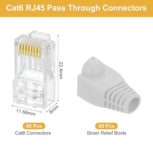 MECCANIXITY 60pcs Cat6 RJ45 Pass Through Connectors, RJ45 Connector 8P8C Gold Plated Plugs with 60pcs Light Grey Strain Relief Boots for Solid or Stranded UTP Ethernet Cable, 1.1mm