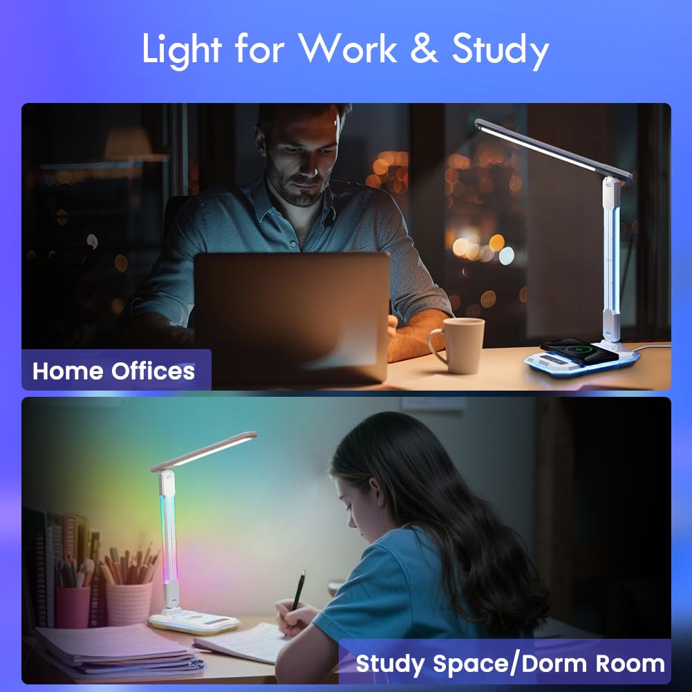 WILIT Desk Lamp for College Dorm Room, RGB Gaming Desk Light with Wireless Charging & USB Port, Gamer lamp Sound Reactive,3 Color Modes 5 Brightness,Reading Lamp Touch Control for Home Office,Study