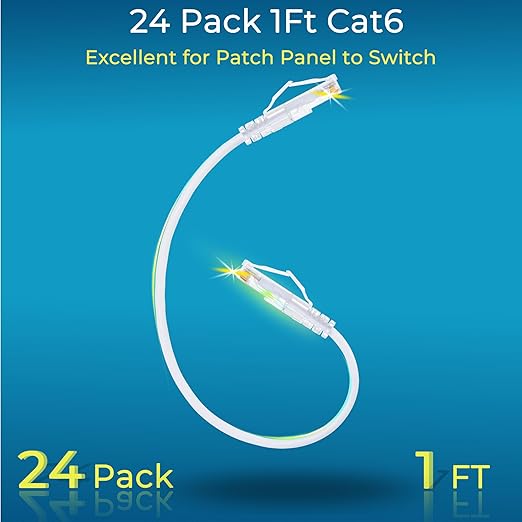 Rapink Patch Cables Cat6/ Cat6a 1ft (24 Pack) Slim, Cat6a Ethernet Patch Cable 10G Support, Snagless Cat 6 Patch Cable for Patch Panel to Switch, Flexiable Cat6 Ethernet Cable White
