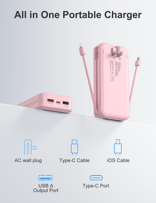 20000mAh Ultra Portable Charger Power Bank with inBuilt Cables&AC Wall Plug