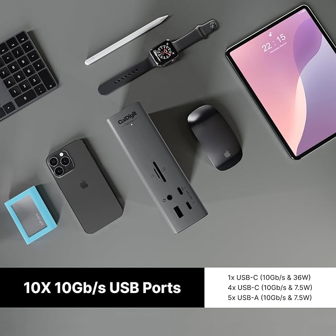 CalDigit TS5 Plus - 20 Port Thunderbolt 5 Dock, 140W Charging, 3X 80Gb/s Thunderbolt 5, 10x 10Gb/s USB Ports, Dual USB Controllers, 10GbE, Up to Dual 8K 60Hz Displays, 1.0m Braided Cable, 330W PSU