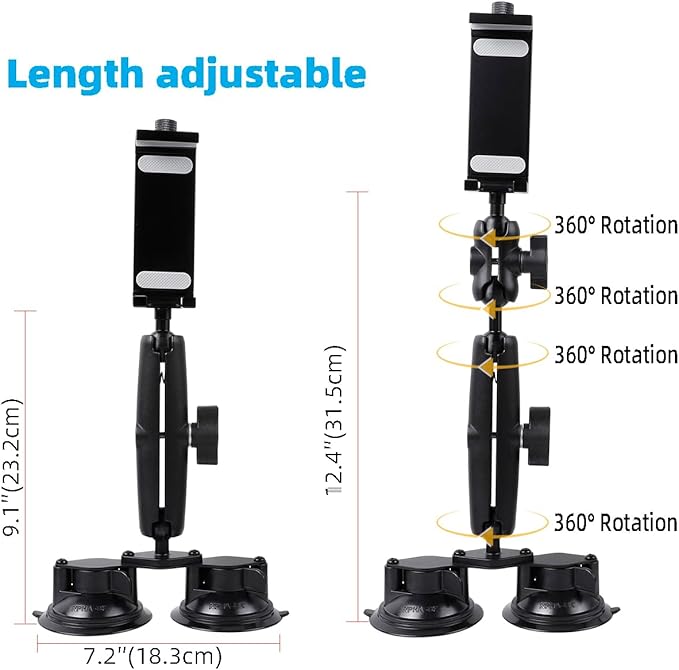Aluminum Tablet Holder for All iPad, 360° adjustable Secure Double Suction Cup Mount for Car Truck Windshield,Sunroof, Compatible with iPad Pro 12.9 Mini Air, Galaxy Tabs and 4.7-15" Tablets