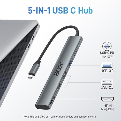 Acer 5 in 1 USB C Hub with 4K HDMI, 100W Power Delivery, 3 USB A Data Ports