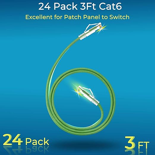 Rapink Patch Cables Cat6/ Cat6a 3ft (24 Pack) Slim, Cat6a Ethernet Patch Cable 30G Support, Snagless Cat 6 Patch Cable for Patch Panel to Switch, Flexiable Cat6 Ethernet Cable Green