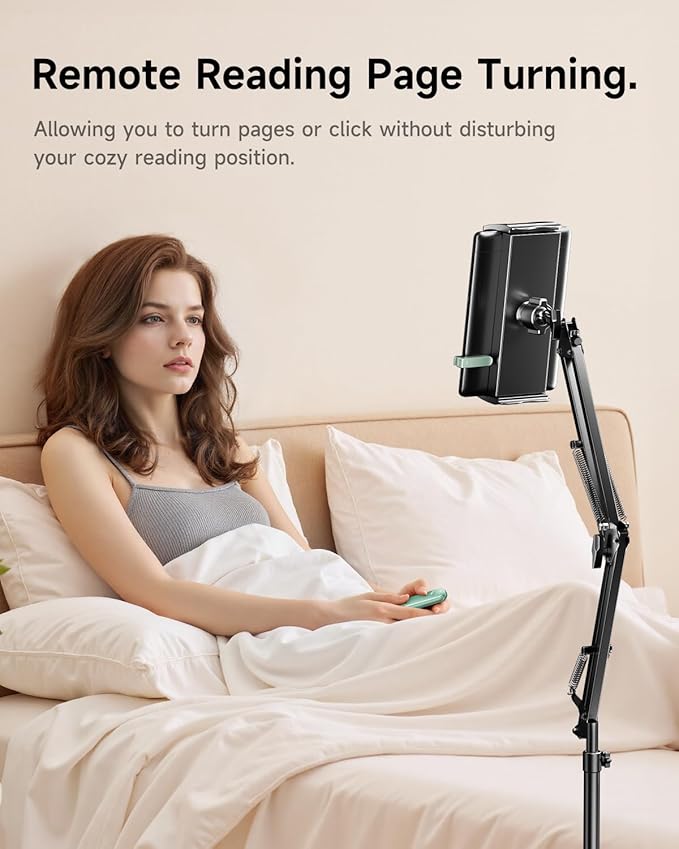 Floor Stand for Kindle with Remote Page Turner, Holder Stand for Reading in Bed with Clicker – for Kindle Paperwhite, Oasis,Tablet, iPhone and More 4.7-11 inch,Green Remote