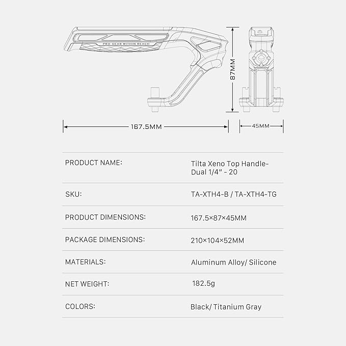 Tilta Xeno Top Handle for Filmmakers & Cameras - Black | Aluminum Alloy and Silicone Build | Fits Most Cameras/Cages | 1/4"-20 Threads w/Locating Points | Safety Release Pin (Dual 1/4"-20)