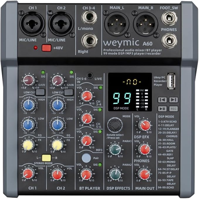Weymic A-Series Professional Mixer for Recording DJ Stage Karaoke Music Application w/USB Drive for Computer Recording Input, XLR Microphone Jack, 48V Power, RCA Output for Professional (10-Channel)