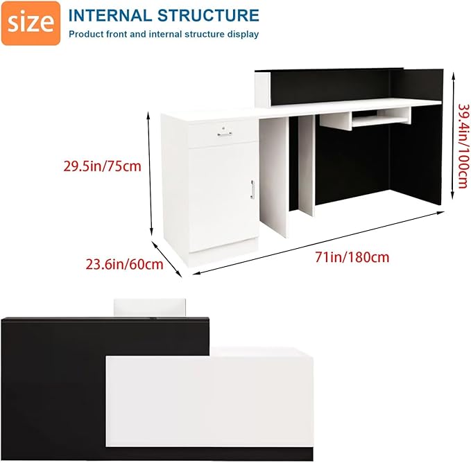 Reception Desk with Counter Modern Checkout Counter with Lockable Drawer Keyboard Tray Receptionist Desk for Office Salon Reception Table F Left 71inch/180cm