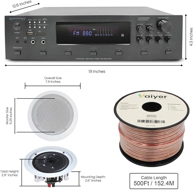 Vaiyer Home Theater System Kit, 6-Channel 6000 Watts Bluetooth Amplifier with 5.25" 8 Qty of 175 W Each in-Wall in-Ceiling Speakers & 16 AWG 500 ft. Speaker Wire Perfect for Home, Office, Restaurants
