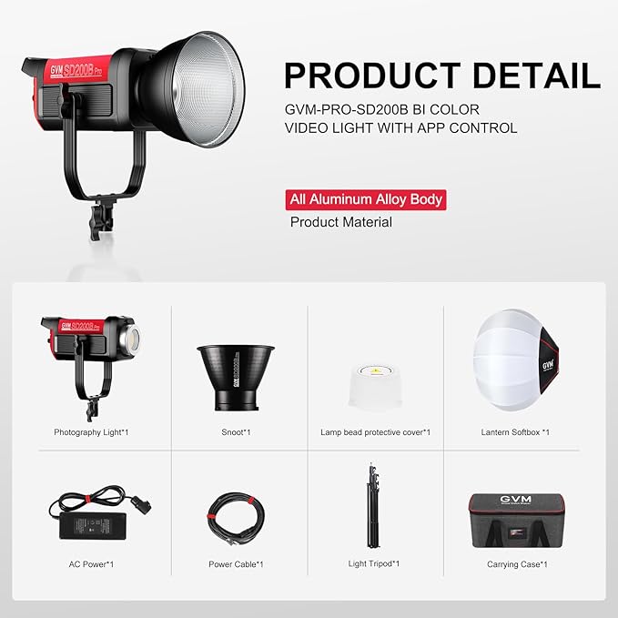 GVM 200W LED Video Light with Lantern Softbox, SD200B Continuous Lighting Kit with Bluetooth Mesh Network/DMX Control, 2700K-6800K Studio Light Photography Lighting Kit, 45400lux/1m, 12 Scene Effects
